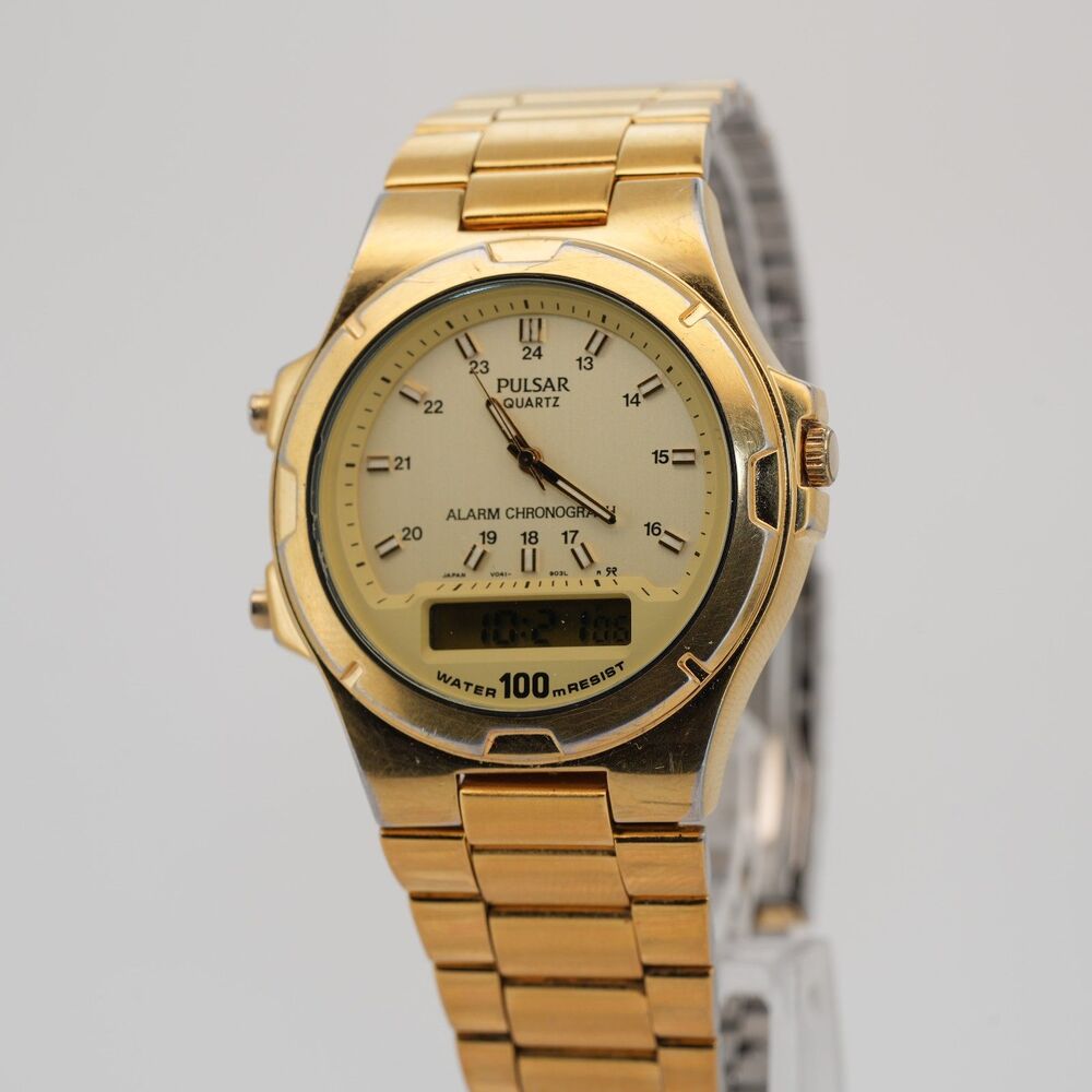 Pulsar V041-9030 Gold Ana-Digi Alarm Chronograph 37mm New Battery Cleaned